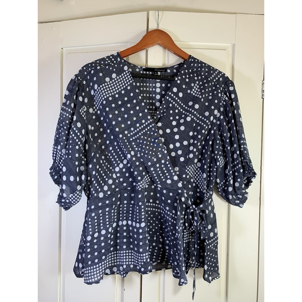 Harve Benard Wrap Top‎ 1X Blue Gold Polka Dots Ballerina Cottage Church Office
